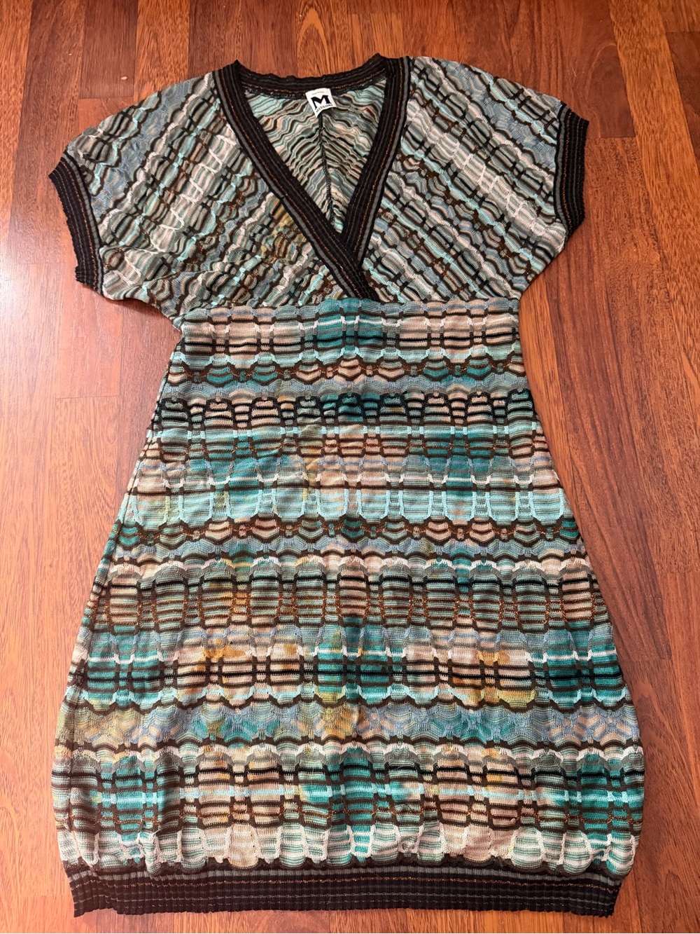 M by Missoni Teal, Brown & Cream Knit V-Neck Dress